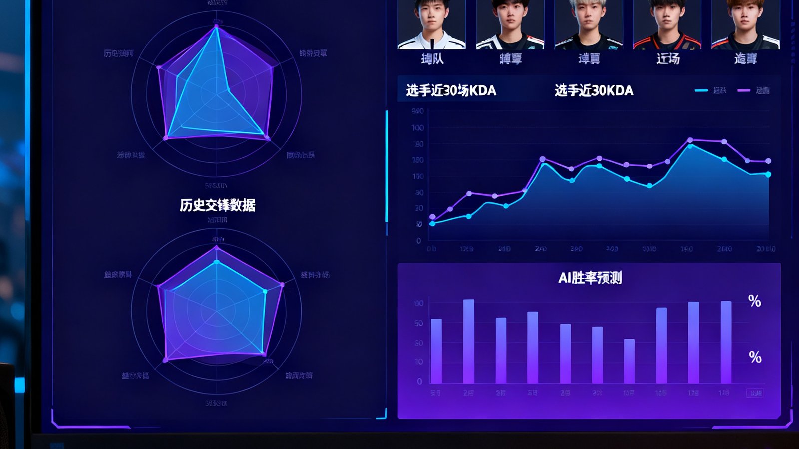 GGBET赛事前瞻分析界面截图，屏幕左侧显示两支战队的历史交锋数据雷达图，右侧罗列了五位选手的近30场KDA趋势曲线，底部是AI生成的胜率预测百分比。